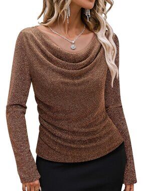 Women's Rose Gold Cowl Neck Stretchy Glitter Cocktail Party Long Sleeve Tops